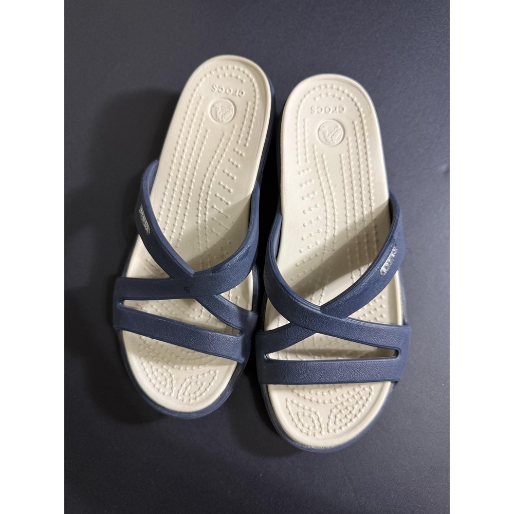Crocs Meleen Twist Navy Tan Wedge Sandals Womens Size 6 Slides 202496